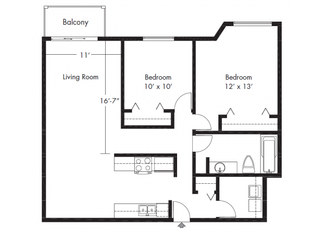 Floor plan for 2 beds, 1 bath, 827 sqft